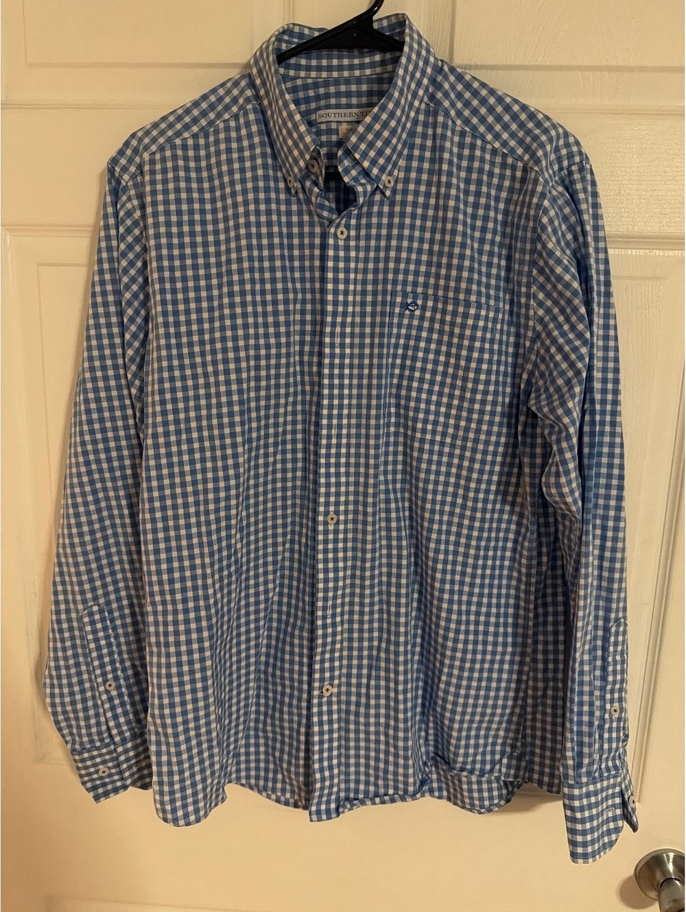 Southern Tide Men's Blue and White Checkered Button-Down Shirt Size M Tall